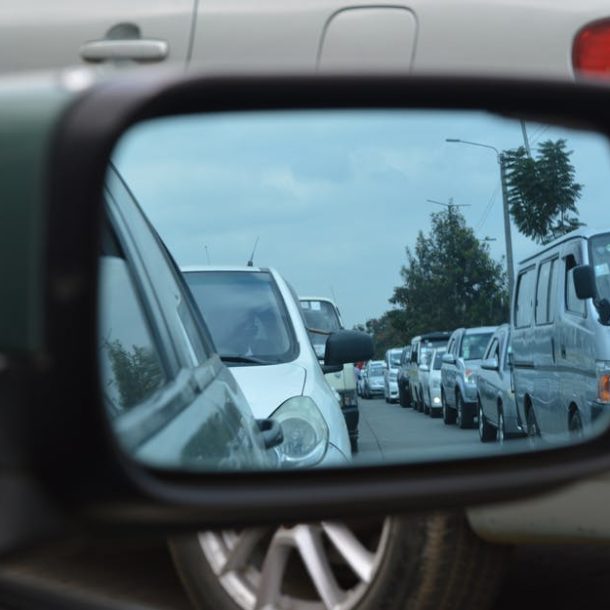 Traffic Jam pictured through a wing mirror