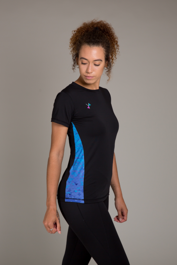 Fitness clothing - t shirt black with blue - gym clothes for women